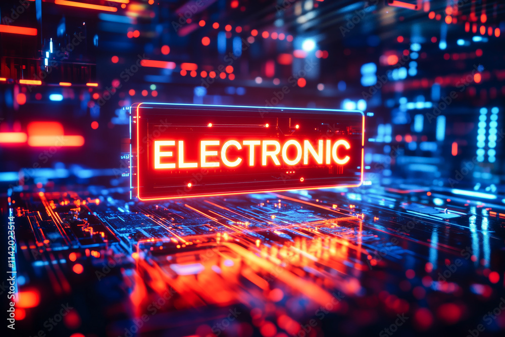 Red glowing sign with word Electronic on modern digital bokeh. Red glowing sign with word Electronic on modern digital bokeh.