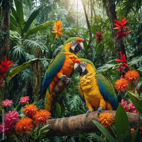 A pair of parrots surrounded by exotic flowers in a tropical jungle.