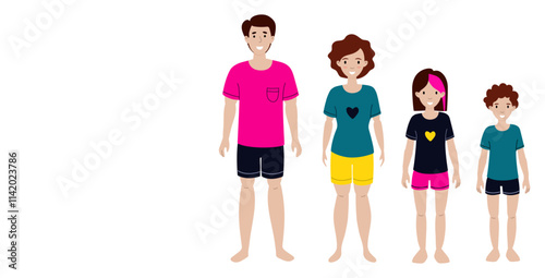 Family in matching summer clothing enjoying a casual day at home