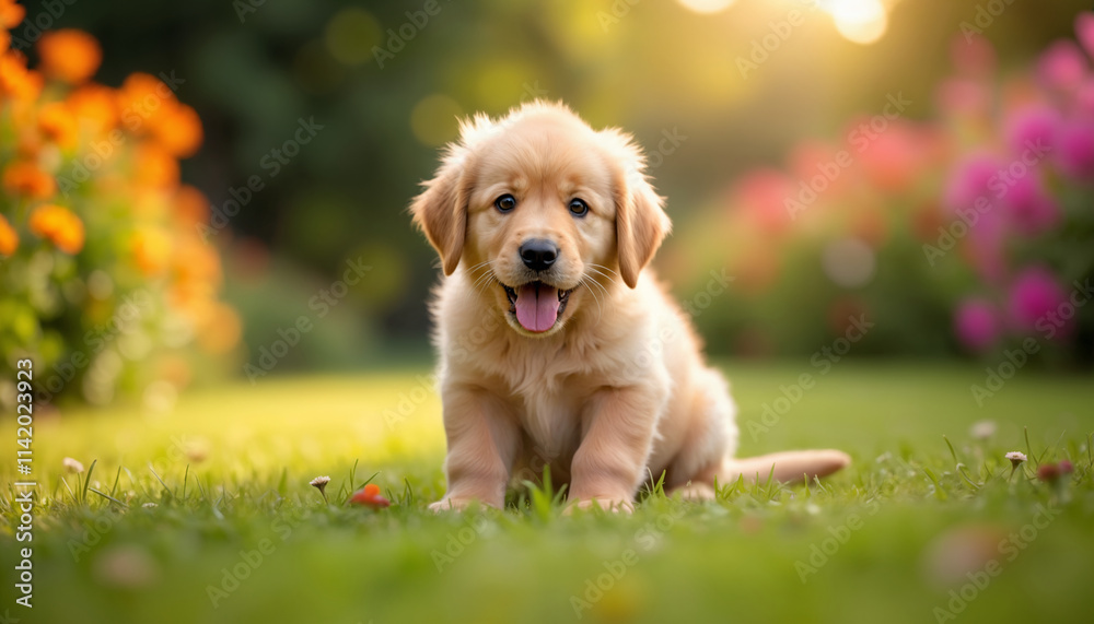 Cute Golden Retriever Puppy Playing in a Flower Garden Cute Golden Retriever Puppy Playing in a Flower Garden