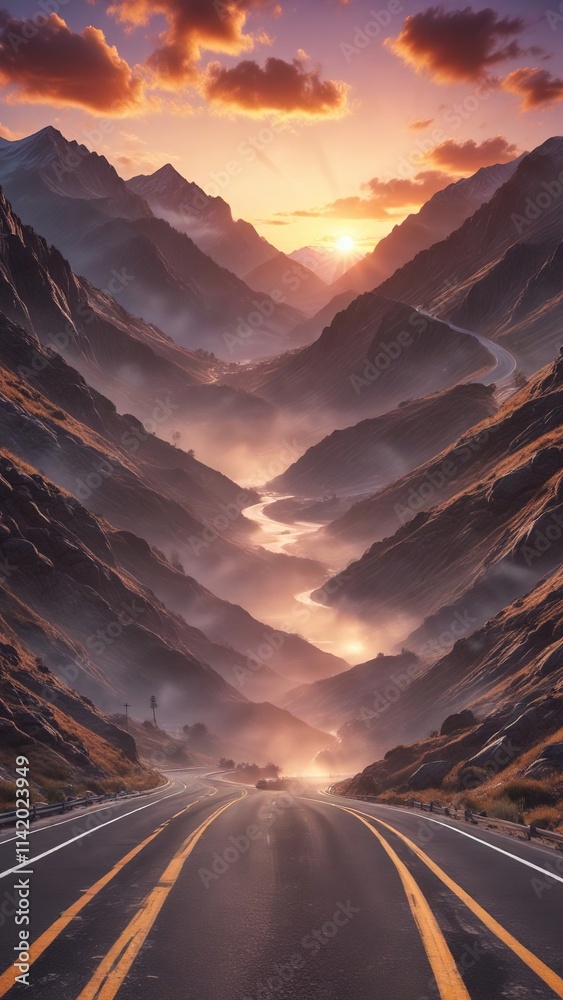 Asphalt highway snaking through the valley under a breathtaking mountain sky at sunset , naturalhorizon,