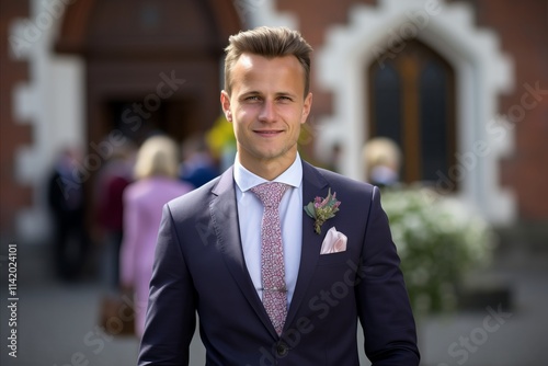 Portrait of a handsome groom in a wedding suit on the background of the church