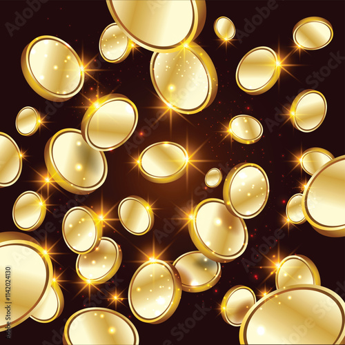 Golden Coins falling down Pattern with Shining stars Vector Background