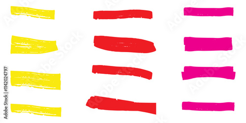 Highlight marker lines. Marker yellow strokes. Hand drawn marker strokes. Text marker stripes. Text highlights and underlining. Brush lines.