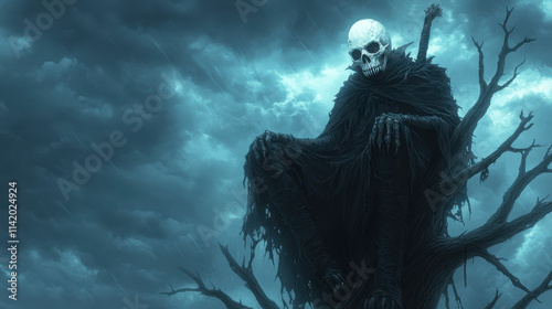 dark figure with skull face sits on twisted tree