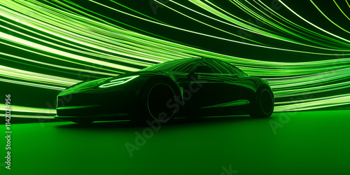Innovative low carbon hybrid concept car showcasing futuristic design in vibrant green light trail environment