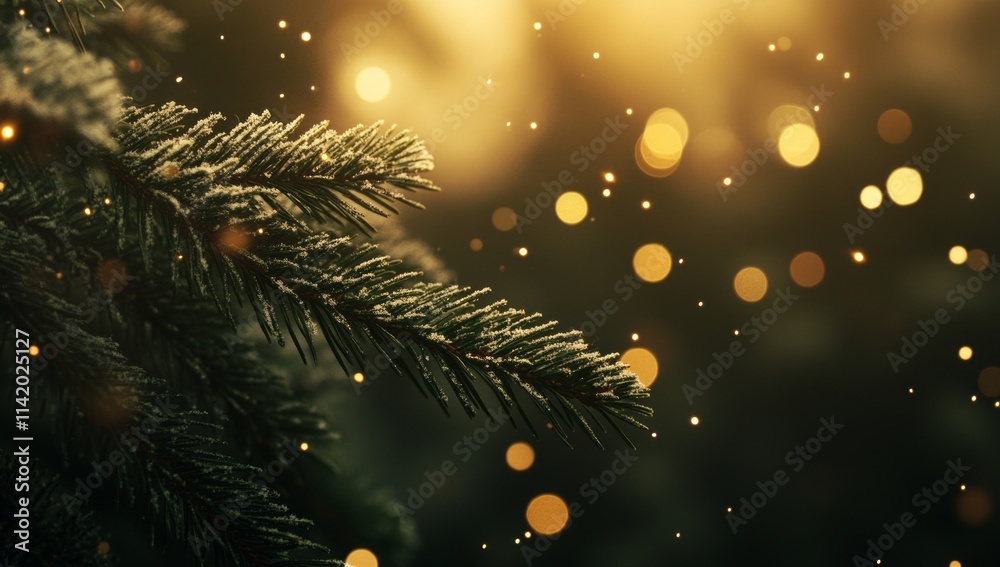 Close-up of pine tree branches with snow and bokeh lights in the background, macro shot. Close-up of pine tree branches with snow and bokeh lights in the background, macro shot.