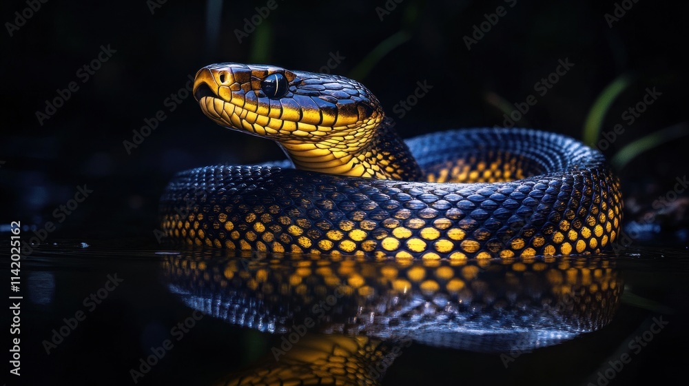 Fototapeta premium Black and Yellow Snake Coiled in Water