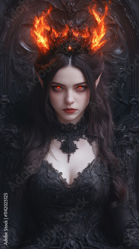 fierce demon queen with fiery crown and dark elegance