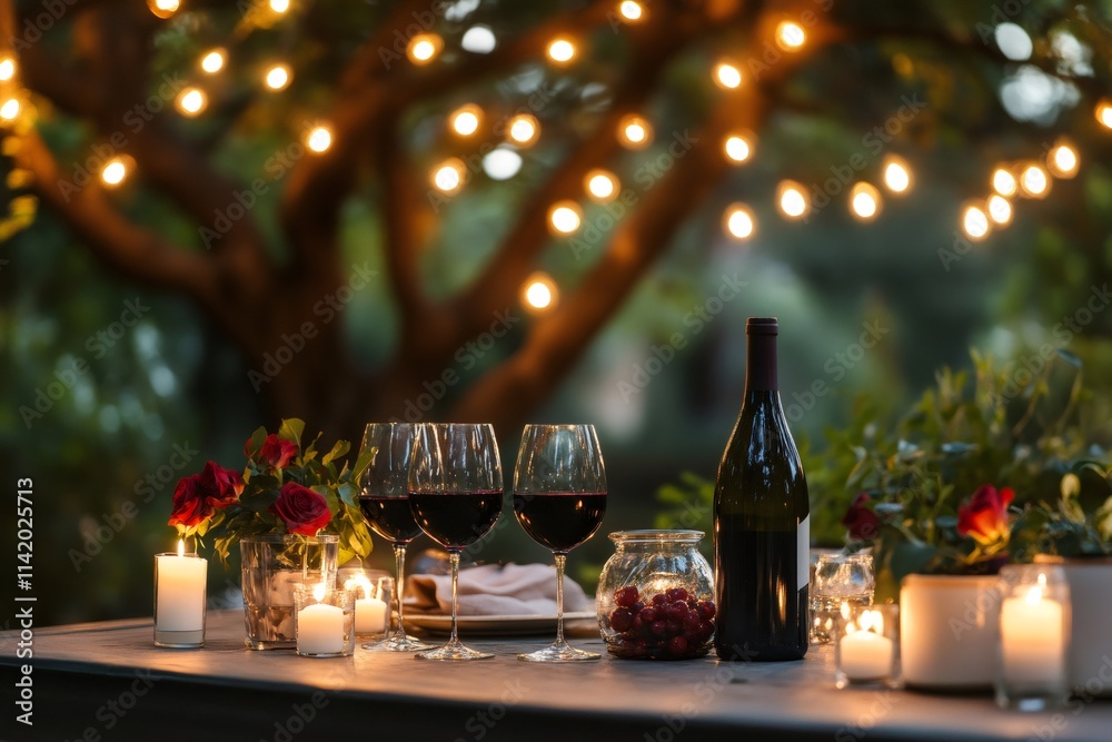 Romantic dinner table setting under string lights, featuring red wine glasses, candles, roses, and cherries for a cozy ambiance Romantic dinner table setting under string lights, featuring red wine glasses, candles, roses, and cherries for a cozy ambiance