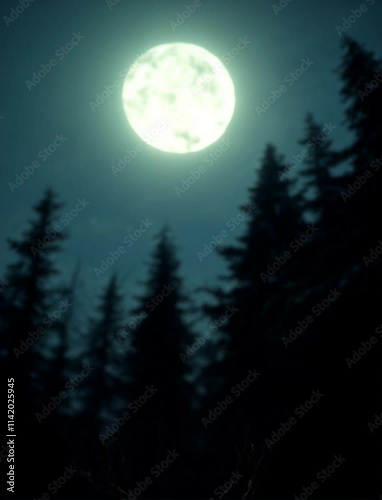 Mystical Night in Forest Silhouettes of Trees Under Full Moons Glow Mystical Night in Forest Silhouettes of Trees Under Full Moons Glow