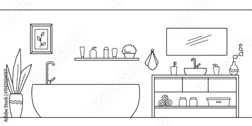 Bathroom graphic home interior black white sketch illustration vector 