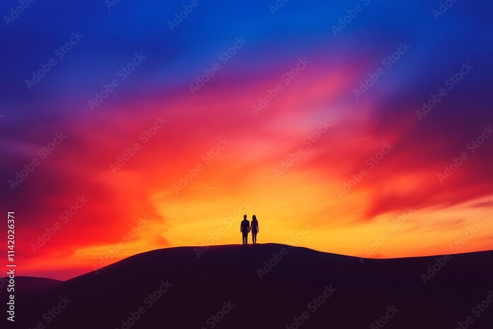 Silhouetted couple holding hands on a desert hill with a vibrant, colorful sunset in the background Silhouetted couple holding hands on a desert hill with a vibrant, colorful sunset in the background