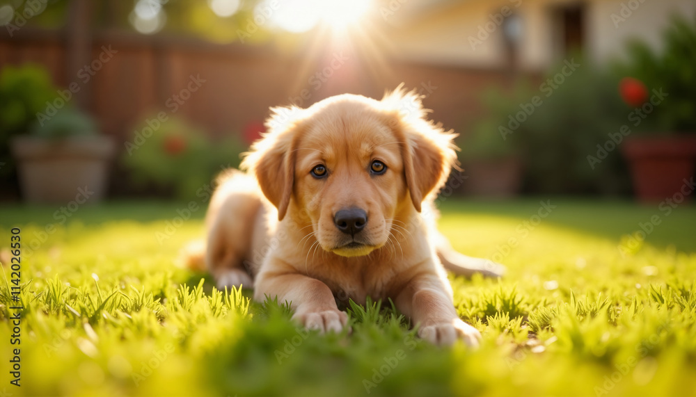 Cute Puppy Relaxing in Sunlit Garden Cute Puppy Relaxing in Sunlit Garden