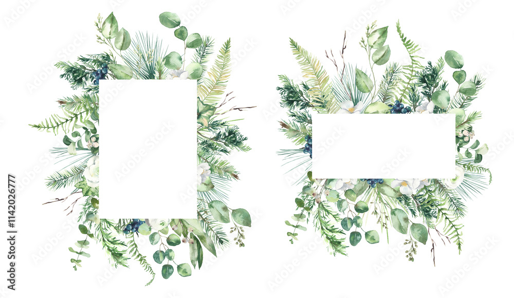 Watercolor Hand-painted Frames Set with Green Leaves and White Roses. Watercolor Hand-painted Frames Set with Green Leaves and White Roses.