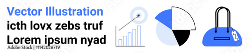 Bar chart with arrow, target bullseye, pie chart, and handbag with price tag. Ideal for business growth, data analysis, marketing, target audience, financial reports retail and e-commerce themes