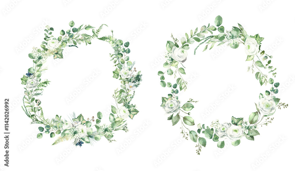 Watercolor Hand-painted Wreaths Set with Green Leaves and White Roses. Watercolor Hand-painted Wreaths Set with Green Leaves and White Roses.