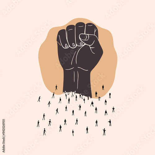 a black and white illustration of a large fist in the center. The fist is raised up in a fist-like gesture,