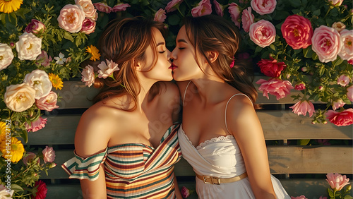 Two young women share a kiss on a park bench amidst blooming flowers. Lesbian LGBT History Month, LGBQ History Month Kissing Day Concept  photo