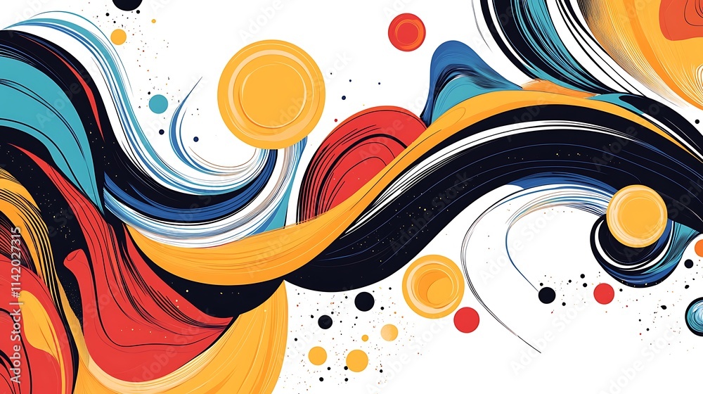 Obraz premium Abstract Colorful Swirl with Curves and Circles on White Background