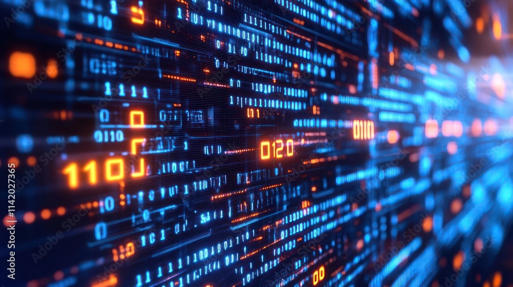 Abstract digital data stream with binary code and glowing orange and blue lines. Abstract digital data stream with binary code and glowing orange and blue lines.