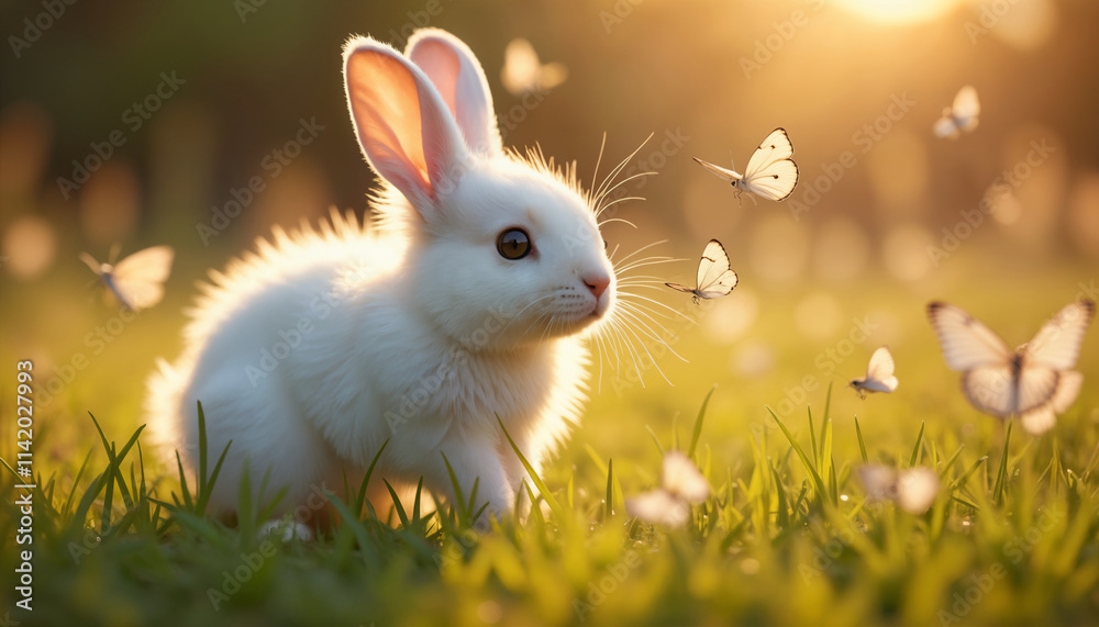 Obraz premium Cute White Rabbit Surrounded by Butterflies in Sunset Glow
