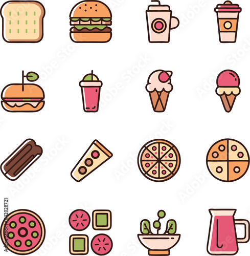 A clean and minimalist collection of food and drink line icons featuring bread, burger, coffee, soda, fruit, ice cream, steak, pizza, salad, and tea. Ideal for use in web design, apps,  vector