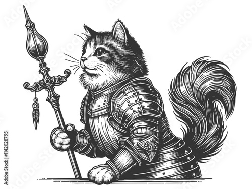 cat dressed in detailed medieval armor, holding an ornate spear, with a proud and noble expression sketch engraving generative ai vector illustration. Scratch board imitation. Black and white image.