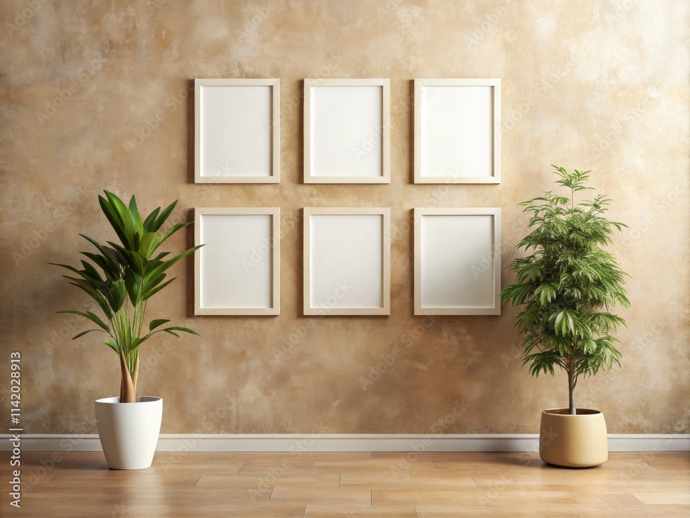 Minimalist gallery wall mockup: symmetrical blank canvases on a beige background, accented by a small potted plant. Minimalist gallery wall mockup: symmetrical blank canvases on a beige background, accented by a small potted plant.