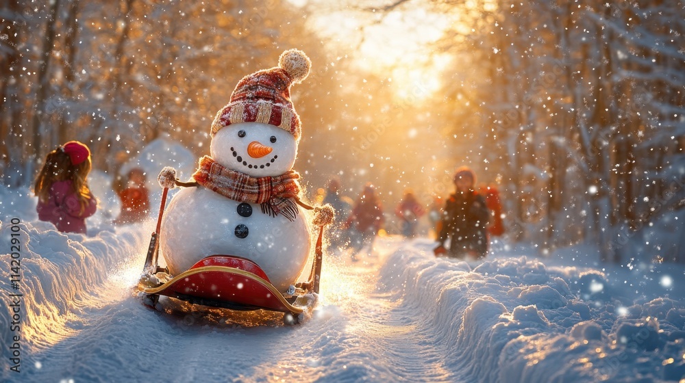 Fototapeta premium Joyful snowman rides down a snowy path as children play in the enchanting winter wonderland during golden hour