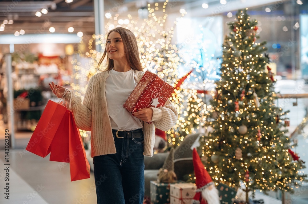 Gift in hands. New year shopping and presents. Woman is near the Christmas tree Gift in hands. New year shopping and presents. Woman is near the Christmas tree
