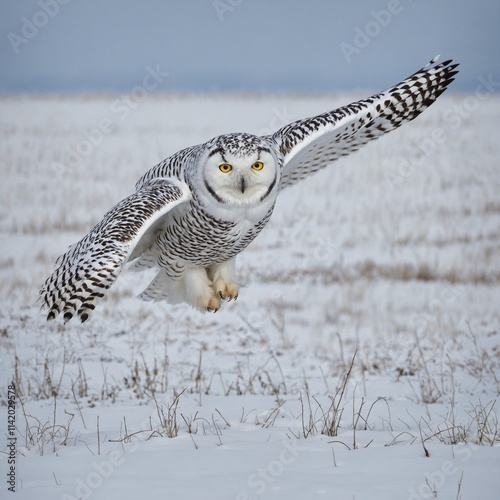 A snowy owl in flight over a snow-covered tundra.