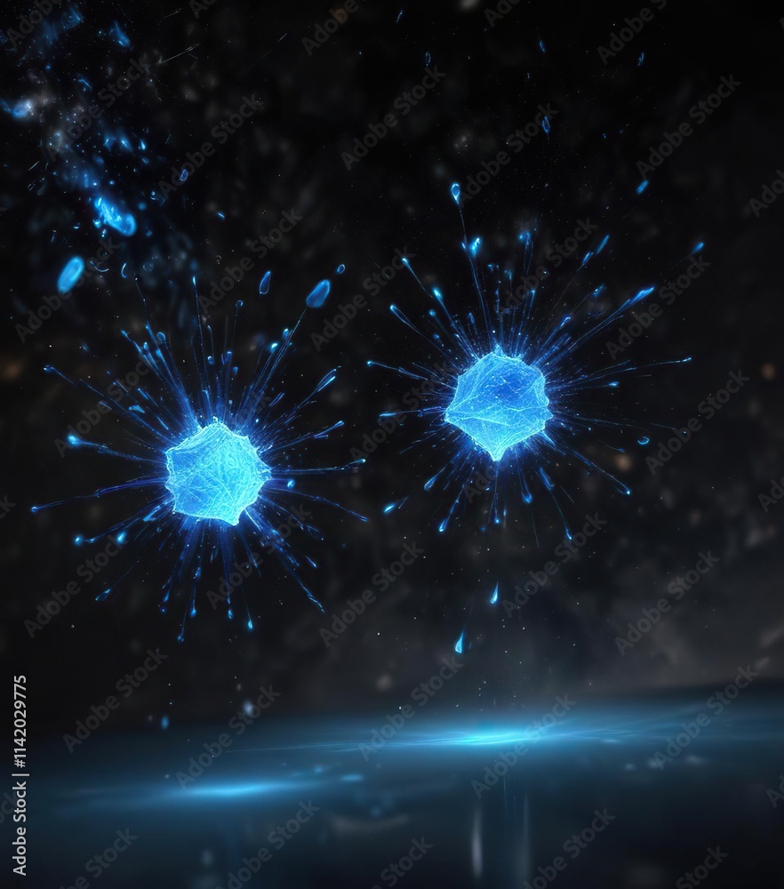 Glowing blue particles suspended in mid-air amidst a dark background, glowing specks, interstellar haze Glowing blue particles suspended in mid-air amidst a dark background, glowing specks, interstellar haze