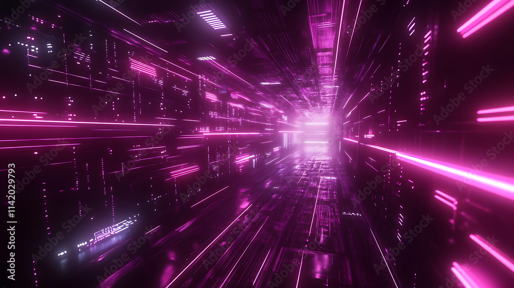Neon Tunnel: A mesmerizing journey through a digital landscape, the vibrant pink neon lines create a sense of speed and dynamism. The abstract design evokes themes of technology, innovation.
