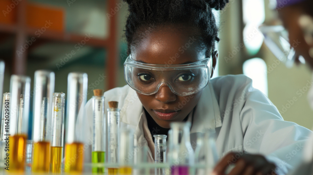 Young Female Scientist in Laboratory Focused on Experimentation with Colorful Chemical Solutions and Glassware, Wearing Protective Eyewear and Lab Coat Young Female Scientist in Laboratory Focused on Experimentation with Colorful Chemical Solutions and Glassware, Wearing Protective Eyewear and Lab Coat