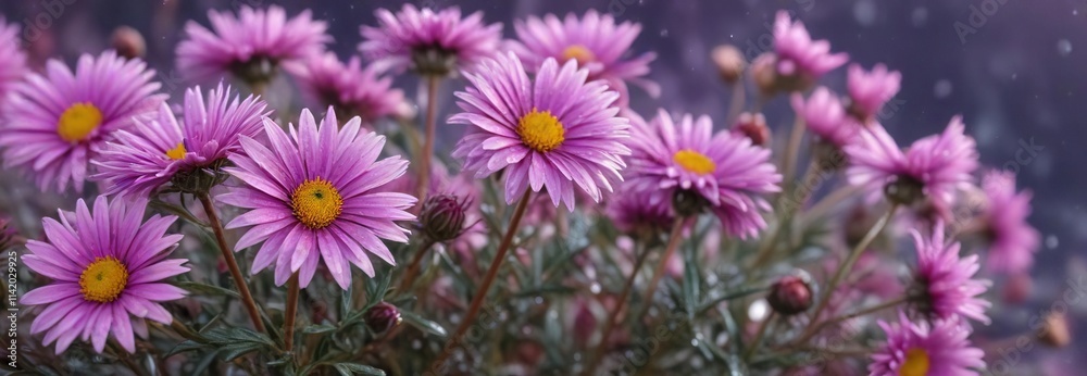 Frozen water droplets containing autumn aster flowers in shades of purple and pink, macro photography, autumn colors Frozen water droplets containing autumn aster flowers in shades of purple and pink, macro photography, autumn colors