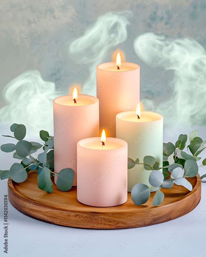 Soft Spa Candles Arrangement, Minimal Pastel Candles on Natural Wood Tray Soft Spa Candles Arrangement, Minimal Pastel Candles on Natural Wood Tray