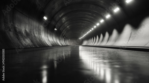 Exploring the depths of an underground tunnel with reflective surfaces and ambient lighting at night