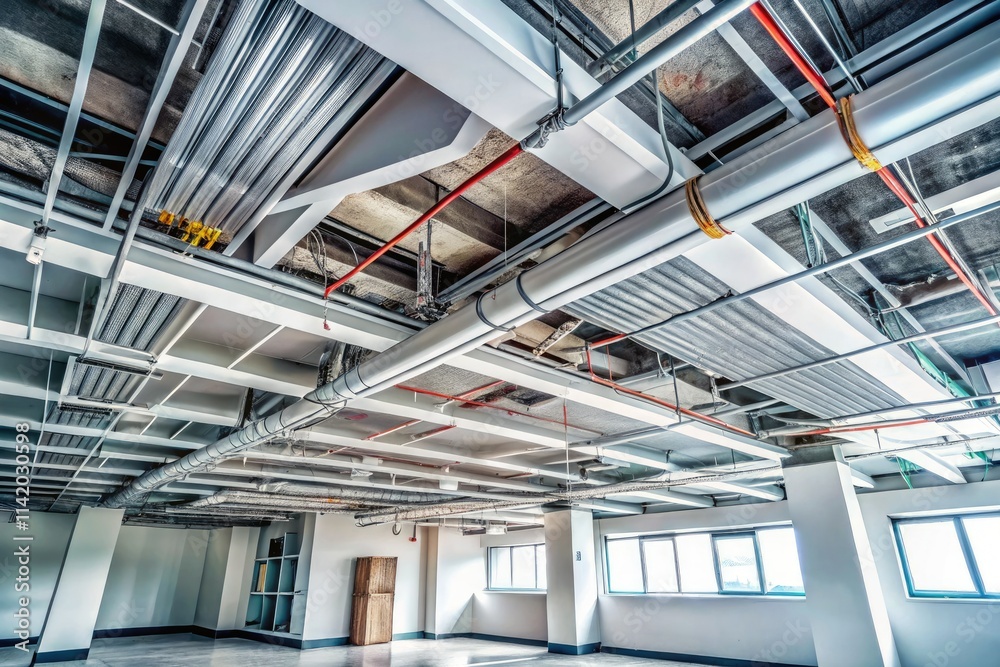 Obraz premium Minimalist office needs ceiling repair: leaking pipes, electrical issues, and visible panels.
