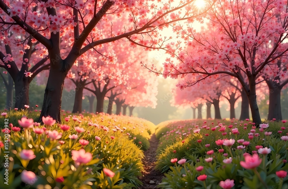 Naklejka premium Spring landscape. Pink tulips