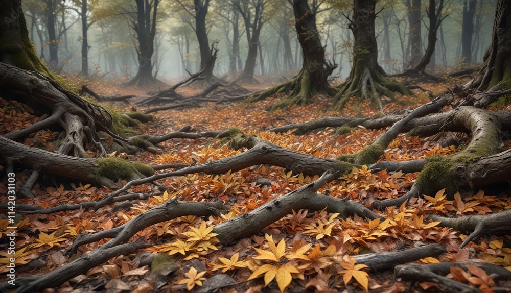Dense forest floor with fallen branches and decaying leaves, fallen branches, dense Dense forest floor with fallen branches and decaying leaves, fallen branches, dense