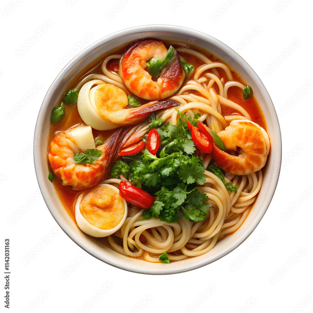 Noodles ramen in spicy soup with shrimps with white background Noodles ramen in spicy soup with shrimps with white background
