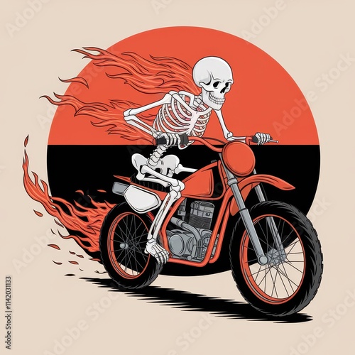 Flaming Skeleton Riding a Motorcycle at High Speed photo