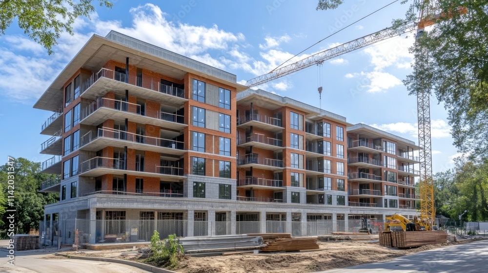 Unfinished residential buildings with cranes at a construction site Unfinished residential buildings with cranes at a construction site