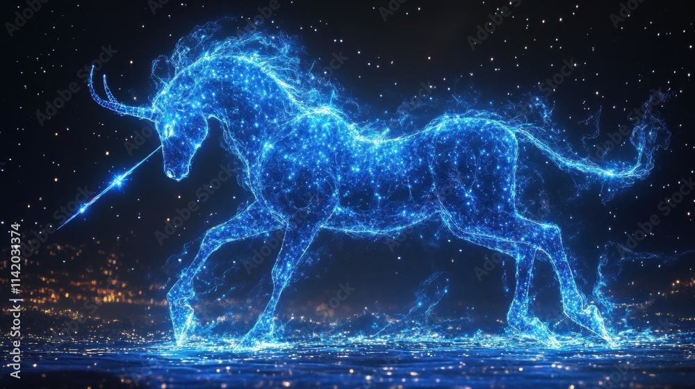 Mystical unicorn gallops through a starlit ocean, shimmering with ethereal light and enchanting beauty, captivating all who behold Mystical unicorn gallops through a starlit ocean, shimmering with ethereal light and enchanting beauty, captivating all who behold