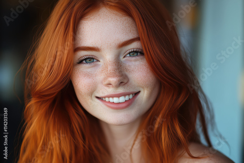 Portrait of smiling red-haired curly young woman with freckles close-up.