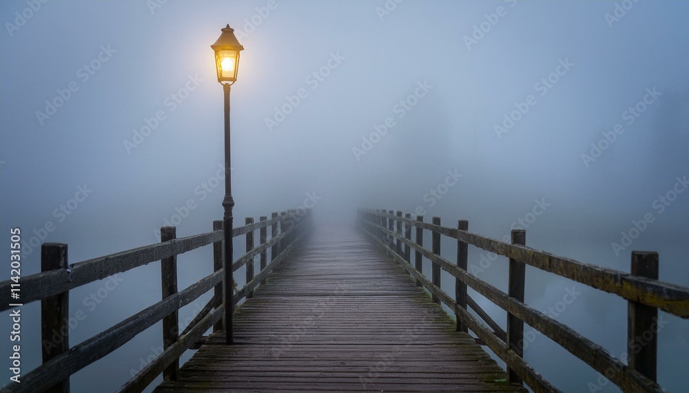 A quiet little bridge visible in the thick fog, with a dim light hanging at its tip A quiet little bridge visible in the thick fog, with a dim light hanging at its tip