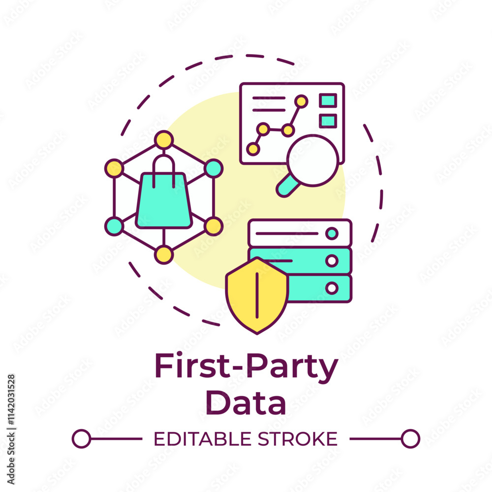 First party data multi color concept icon. Users interaction with company website analysis. Audience research. Round shape line illustration. Abstract idea. Graphic design. Easy to use in infographic First party data multi color concept icon. Users interaction with company website analysis. Audience research. Round shape line illustration. Abstract idea. Graphic design. Easy to use in infographic