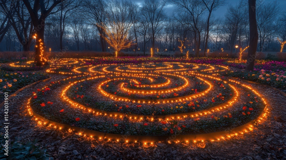 Magical spiral garden illuminated by twinkling lights in the twilight hour of a serene evening Magical spiral garden illuminated by twinkling lights in the twilight hour of a serene evening