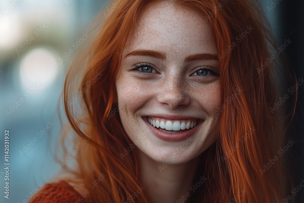 Portrait of smiling red-haired young woman with freckles close-up looking at camera.